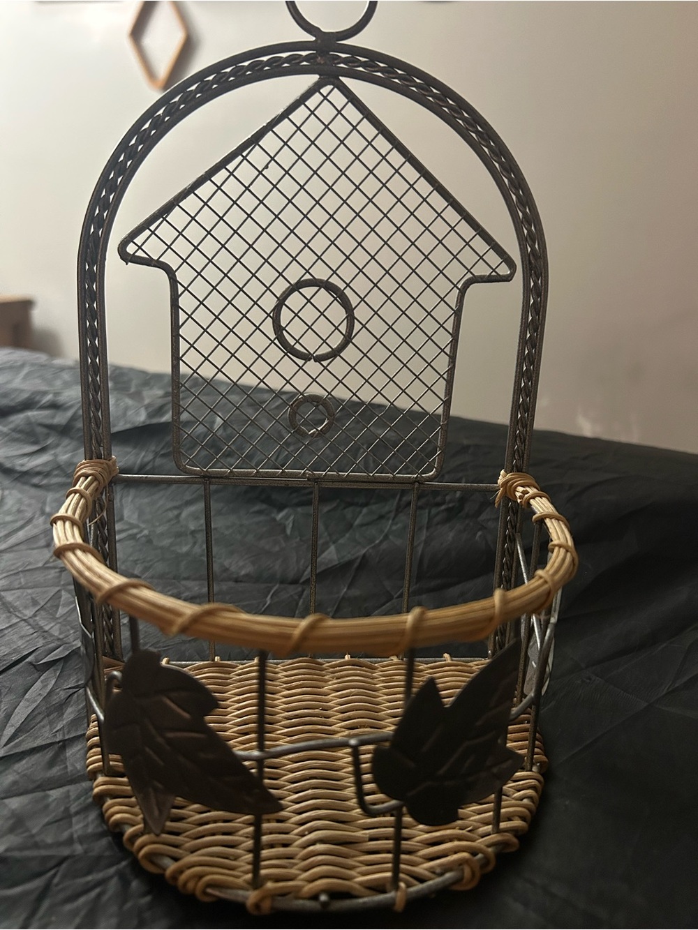 Decorative Birdhouse Basket - Woven Brown and Antique Silver Home Accent